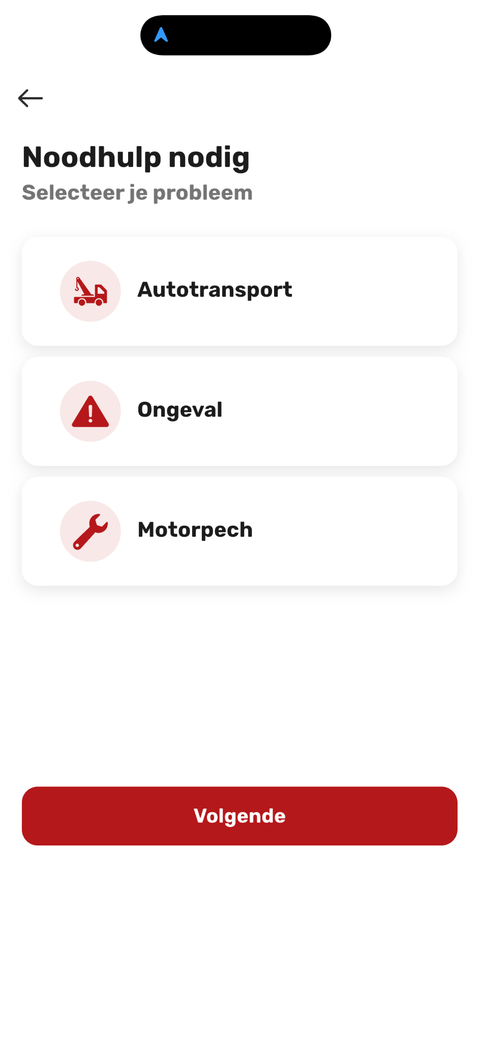 Scherm om autotransport, ongeval of motorpech te kiezen
